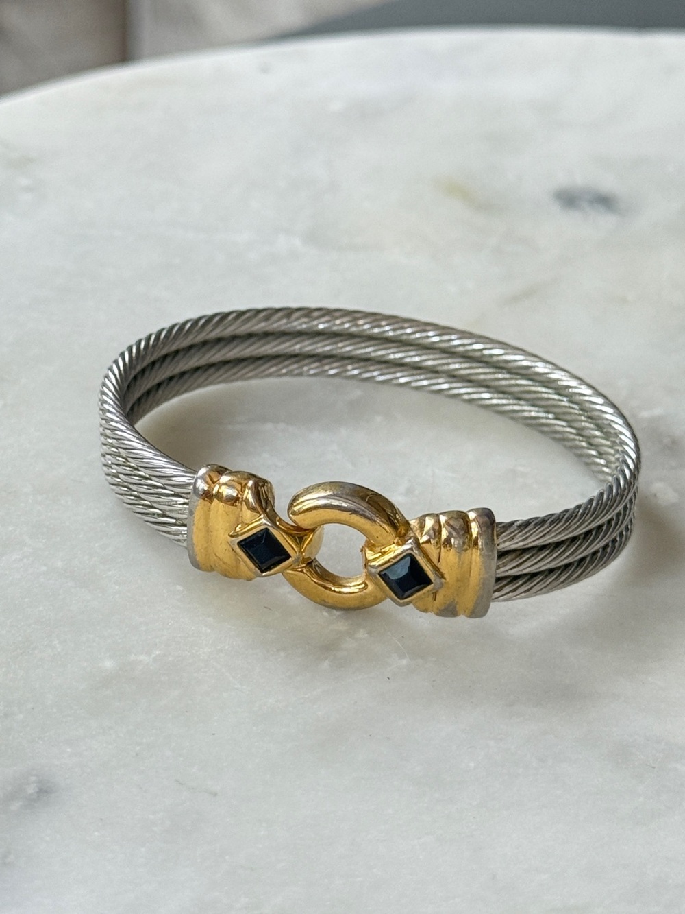 Two Tone Triple Twisted Wire Cable Center Clasp Cuff Bracelet